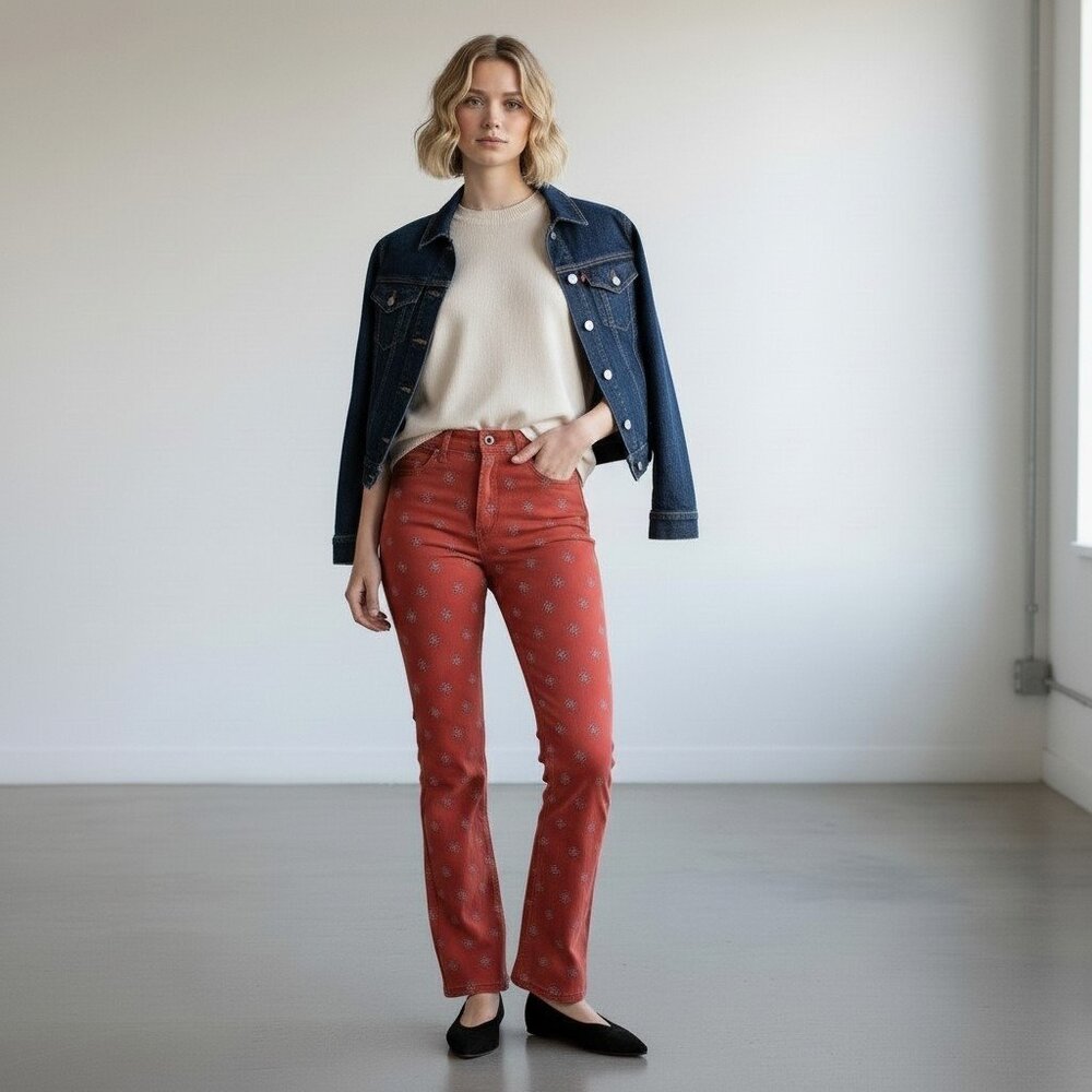 Wrangler High Rise Bold Boot Cut Jeans Red Bandana Print NWT Womens Size 12/31